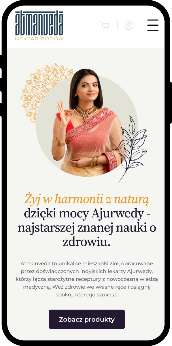 Atmanveda supplement store - mobile view, home page
