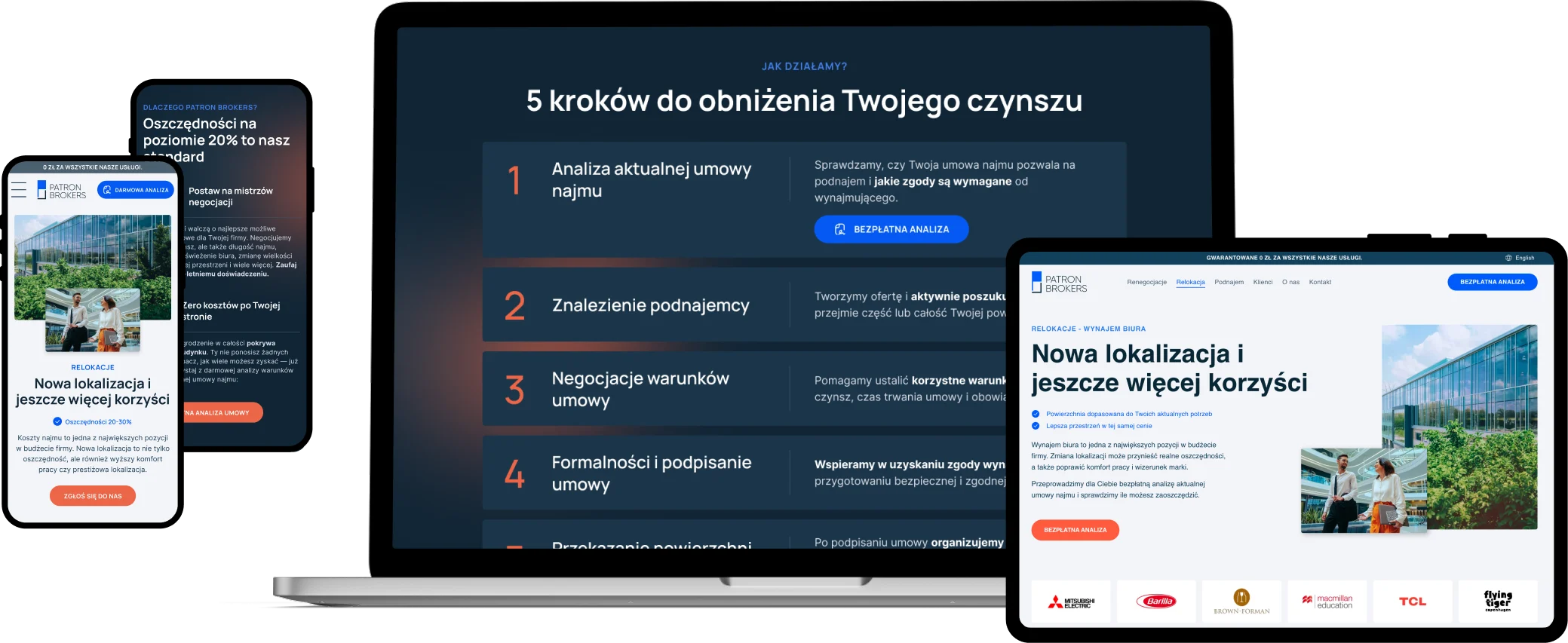 Strona dla doradcy nieruchomości komercyjnych — wersja desktop i mobile